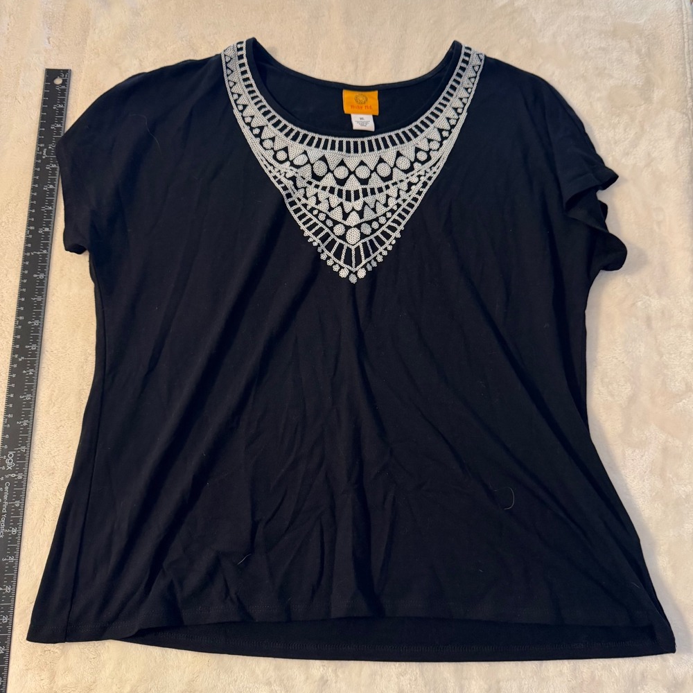 Ruby Rd Womens XL Black Sequin Bib Short Sleeve Top Scoop Neck Knit Blouse